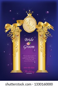 Wedding Invitation Card Decorated With Golden Columns And Gold Roses On The Outer Space Background 