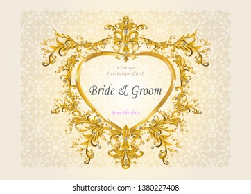 Wedding invitation card decorated with golden baroque leaves 