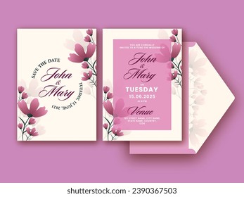 Wedding Invitation Card Decorated Pink Flowers In Front And Back Side.