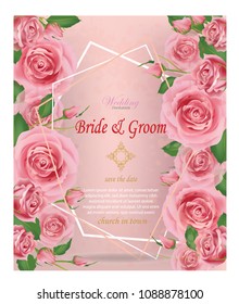 Wedding invitation card decorated with pinkish roses and gold frame. 