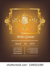 Wedding invitation card decorated with vintage Victorian metal Leaves.