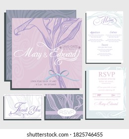 Wedding invitation card with decorative flower ornament, rsvp card, menu design