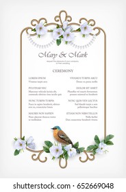 Wedding invitation card with decorative golden frame, bird and white summer flowers