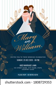 Wedding Invitation Card Design with Cartoon Couple Character on Blue and White Strip Background.