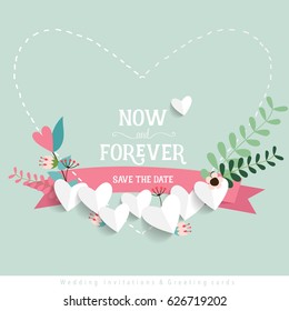 Wedding invitation card design with cute flower templates. Vector illustration.