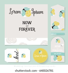 Wedding invitation card design with cute flower templates. Vector illustration.