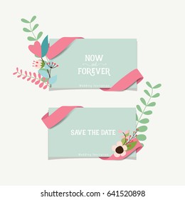 Wedding invitation card design with cute flower templates. Vector illustration.