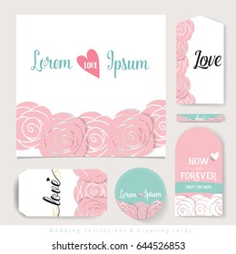 Wedding invitation card design with cute flower templates. Vector illustration.