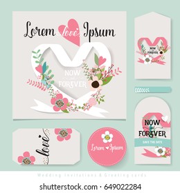 Hochzeitskartendesign mit süßen Blumenmustern. Vektorgrafik.