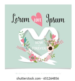 Wedding invitation card design with cute flower templates. Vector illustration.