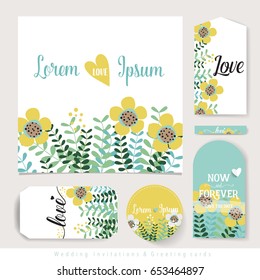 Hochzeitskartendesign mit süßen Blumenmustern. Vektorgrafik.