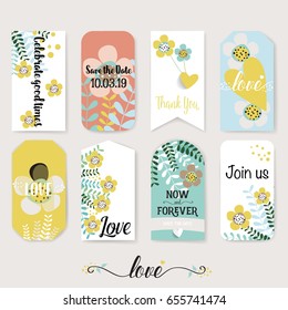 Wedding invitation card design with cute flower templates. Vector illustration.