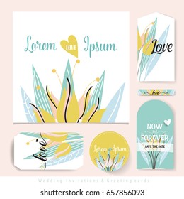Diseño de tarjetas de invitación casera con adorables plantillas de flores. Ilustración vectorial.