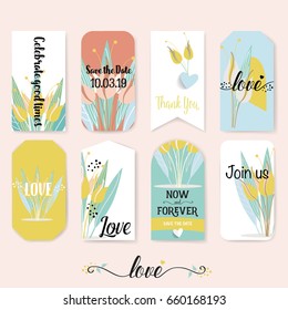 Wedding invitation card design with cute flower templates. Vector illustration.