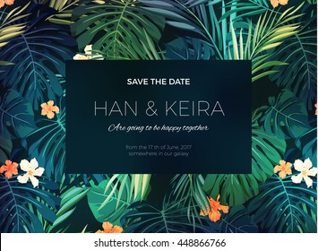 Wedding Invitation Or Card Design With Exotic Tropical Flowers And Leaves