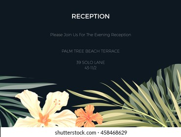 Wedding invitation or card design with exotic tropical flowers and leaves