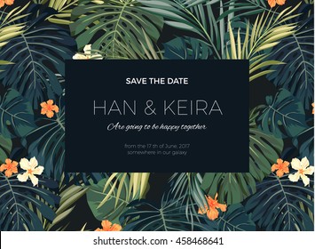 Wedding invitation or card design with exotic tropical flowers and leaves - Shutterstock ID 458468641