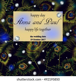 Wedding invitation or card design with exotic beautiful peacock feathers and diamonds. Retro background with space for text.