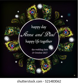 Wedding invitation or card design with exotic beautiful peacock feathers and diamonds. Retro background with space for text.