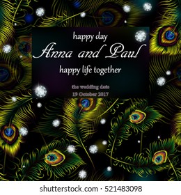 Wedding invitation or card design with exotic beautiful peacock feathers and diamonds. Retro background with space for text.