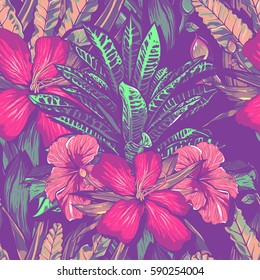 Wedding invitation or card design with exotic tropical flowers and leaves. vector