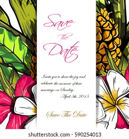 Wedding invitation or card design with exotic tropical flowers and leaves. vector