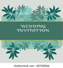 Wedding invitation or card design with exotic tropical flowers and leaves, green