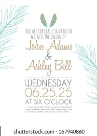 Wedding Invitation Card Design with Feathers on White Background 