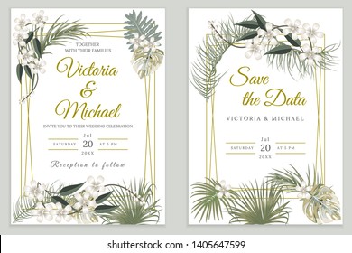 Wedding invitation card design, floral invite. Tropical jungle leaves elegant  frame set, olive green plants, palm tree leaves. Modern decorative greeting card, vector background.