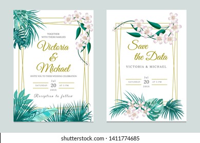 Wedding invitation card design, floral invite. Tropical jungle leaves elegant  frame set,  green plants, palm tree leaves. Modern decorative greeting card or invitation design vector background. 