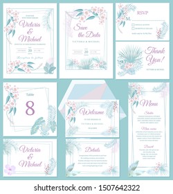 Wedding invitation card design, floral invite. Tropical jungle leaves elegant  frame set, pastel colors of plants, palm tree leaves. Modern decorative greeting card, vector background.