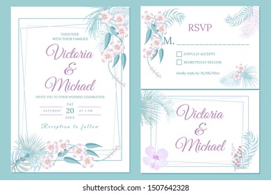 Wedding invitation card design, floral invite. Tropical jungle leaves elegant  frame set, pastel colors of plants, palm tree leaves. Modern decorative greeting card, vector background.