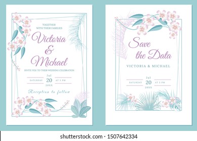 Wedding invitation card design, floral invite. Tropical jungle leaves elegant  frame set, pastel colors of plants, palm tree leaves. Modern decorative greeting card, vector background.