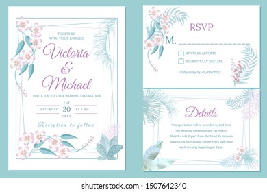 Wedding invitation card design, floral invite. Tropical jungle leaves elegant  frame set, pastel colors of plants, palm tree leaves. Modern decorative greeting card, vector background.