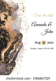 Wedding invitation card design with gold dust and marble background. Vector illustration