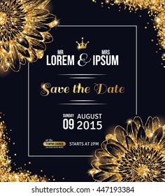 Wedding invitation card design. Gold confetti with flowers and black background. Vector illustration. Save the date. Typographic template for your text with square frame. Glittering dust.