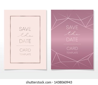 Wedding Invitation card design with golden frames and marble texture. Luxury marble with rose gold geometric frame design template.