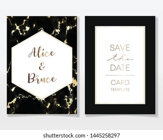 Wedding Invitation card design with golden frames and marble texture. Luxury marble with gold geometric frame design template.