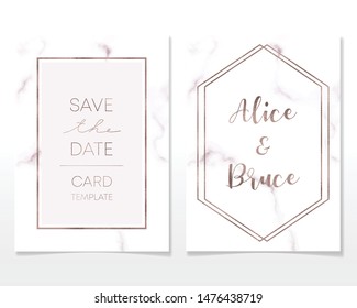 Wedding Invitation card design with golden frames and marble texture. Luxury marble with rosegold geometric frame business card design template.