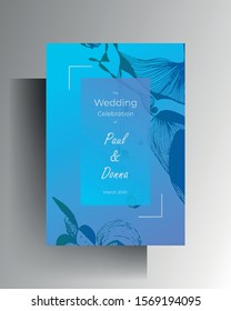 Wedding invitation card design. Hand-drawn graphic elements on a sky blue background. Vector 10 EPS.