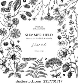 Wedding invitation card design.  Hand-drawn floral frame. Marriage ceremony party template with meadows, field flowers, and blooming wildflowers. Summer background. Vintage vector illustration