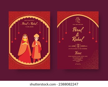 Wedding Invitation Card Design With Indian Couple Character In Red Color.