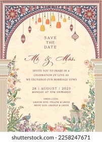 Wedding Invitation Card Design. Mughal arch with floral invitation card for printing vector illustration.