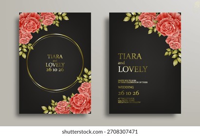Hochzeit Einladung Karte Design mit roter Rose Blume Aquarell auf schwarzem Hintergrund 