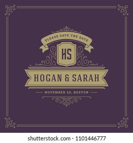 Wedding invitation card design template vector illustration. Wedding save the date title vintage typographic badge.
