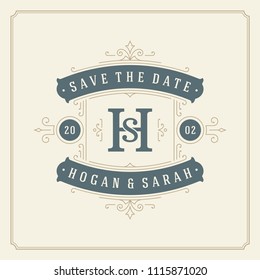 Wedding invitation card design template vector illustration. Wedding save the date title vintage typographic badge.