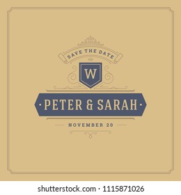 Wedding invitation card design template vector illustration. Wedding save the date title vintage typographic badge.