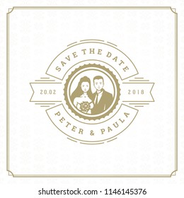Wedding invitation card design template vector illustration. Wedding save the date title vintage typographic badge.