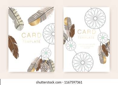 Wedding invitation and Card design template with beautiful  feathers and Dream catcher luxury texture vector illustration.