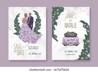 Wedding invitation card design template. Cute young married couple fashion beautiful bride with bouquet and handsome groom in stylish suit. Hand drawn vector illustration